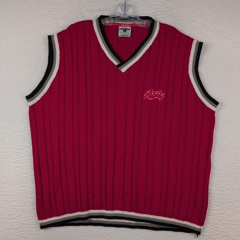 FUBU Sports Cable Knit Sweater Vest Men's Large Red Streetwear Y2K VTG